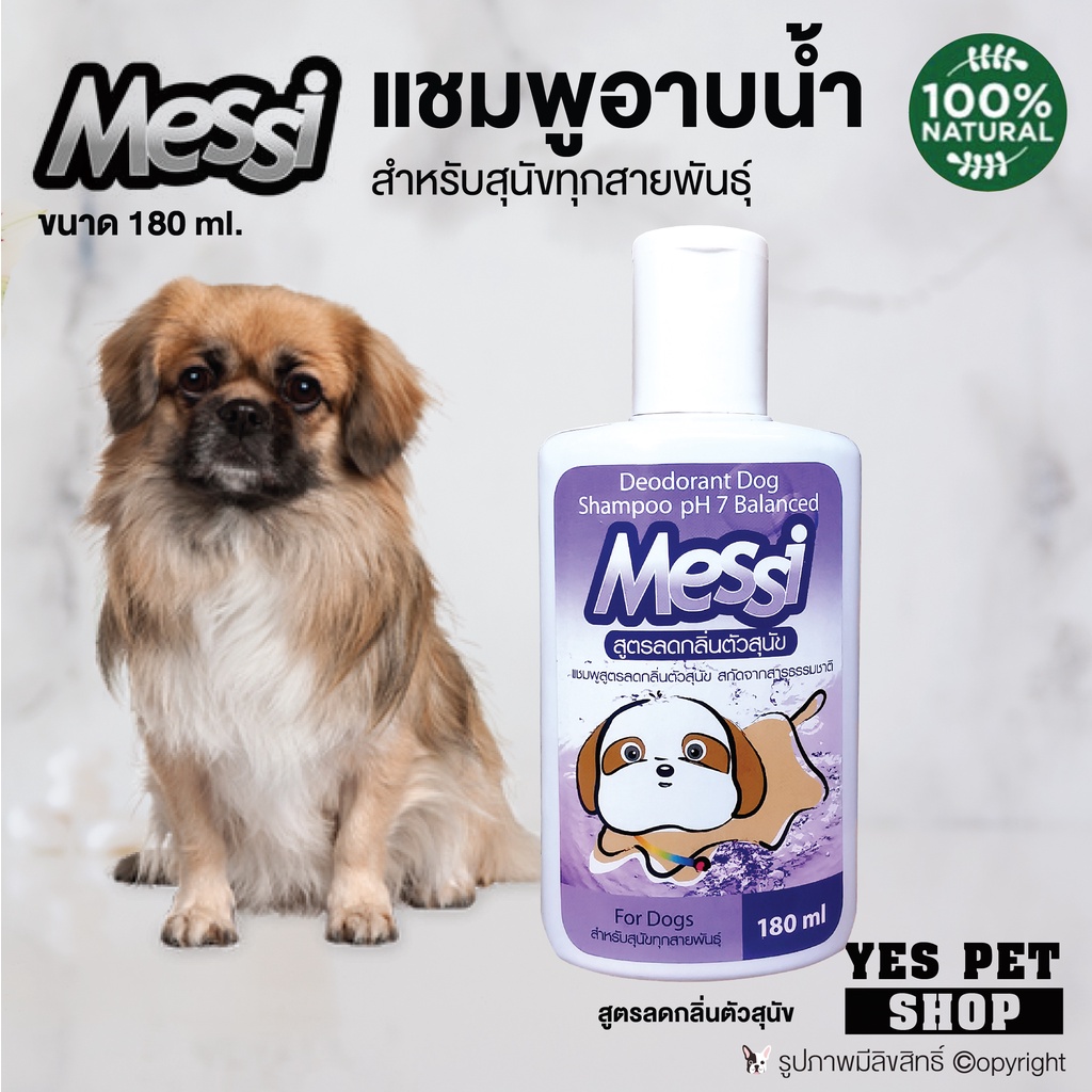 เมซซี่ Messi แชมพูอาบน้ำสำหรับสุนัข ทุกสายพันธุ์ (สูตรลดกลิ่นตัวสุนัข) ขนาด 180 มล. โดย Yes Pet Shop