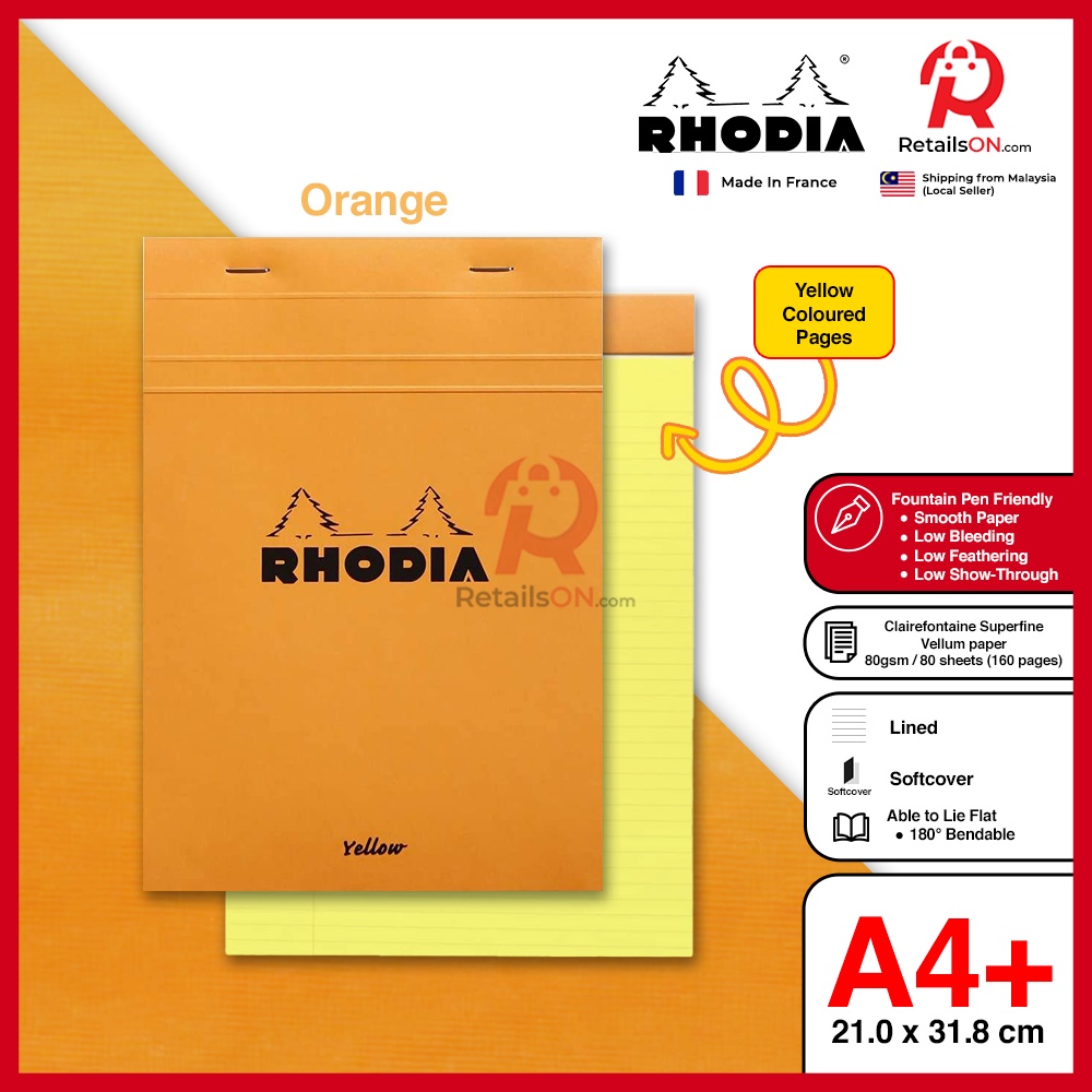 Rhodia Writing Pads - YELLOW Basics series No. 19 (A4+) - กระดาษปากกาหมึกซึม LEGAL PAD [ขายปลีก]