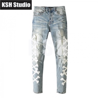 AMIRI Water Blue Ripped Distressed Leather Embroidered Bone Stretch Slim Jeans Mens High Street
