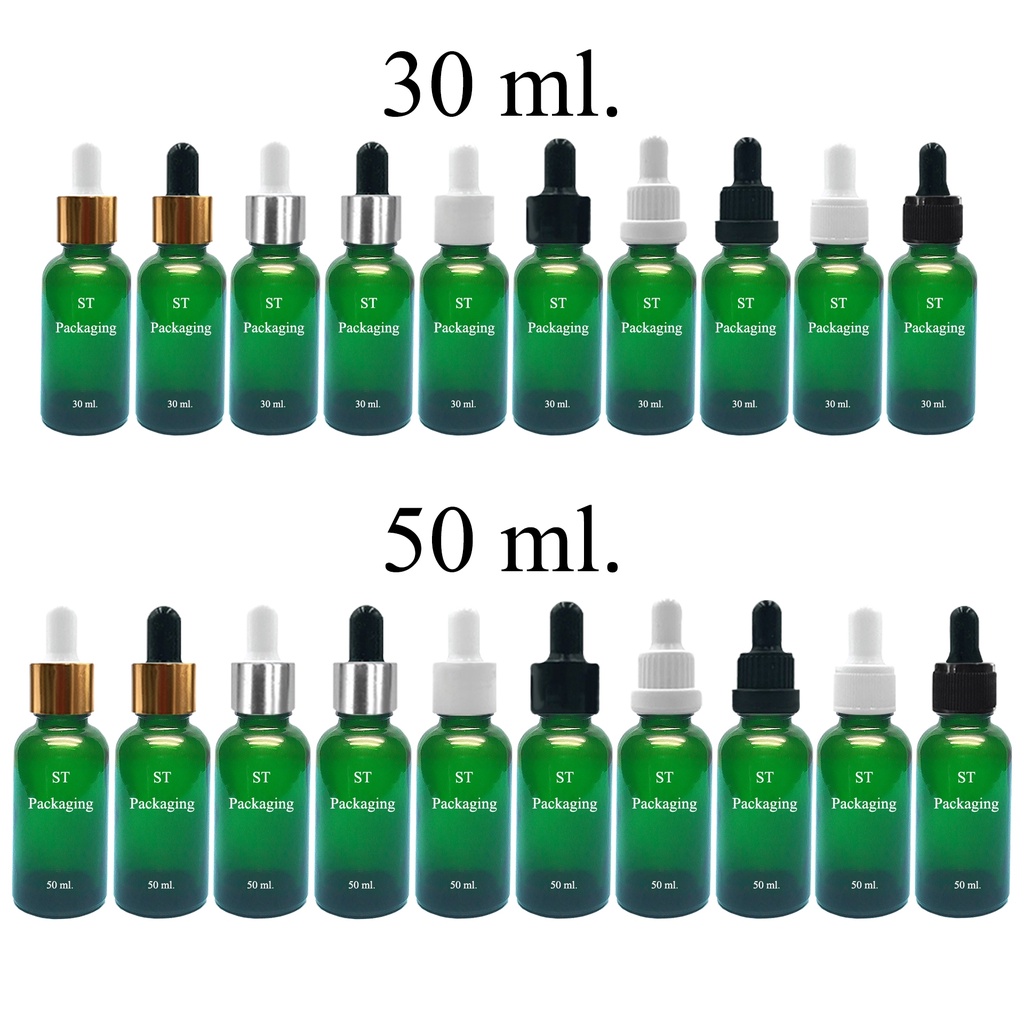 [แพ็ค 100 ขวด] ขวดแก้วดรอปเปอร์สีเขียวสำหรับบรรจุเซรั่มใส่สารสกัดของเหลว ขนาด 5ml ถึง 100ml Cosmetics packaging Dropper