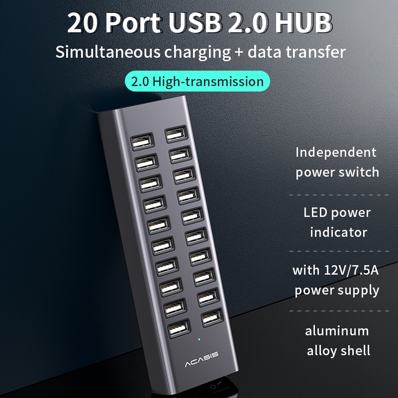 Acasis ฮับ Usb 2.0 20 พอร์ต พร้อมฮับขยายพลังงาน ชาร์จโทรศัพท์มือถือ และส่งข้อมูล