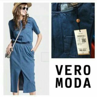 VERA Moda Denim Dress เดรสยีนส์ฟอกสีเข้ม เอวยืด ทรงสวยเป๊ะsexy เบาๆ เก๋ใส่ได้ตลอดไม่มีเอ้าท์󾮟🏻󾬐