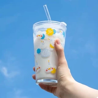 -แก้ว 💗 ถ้วยนมลายเป็ดน้อยน่ารัก 💗 ความจุ 450ml แถมหลอดและฝาปิด! สไตล์เกาหลี🌈ส่งจากไทย🌈