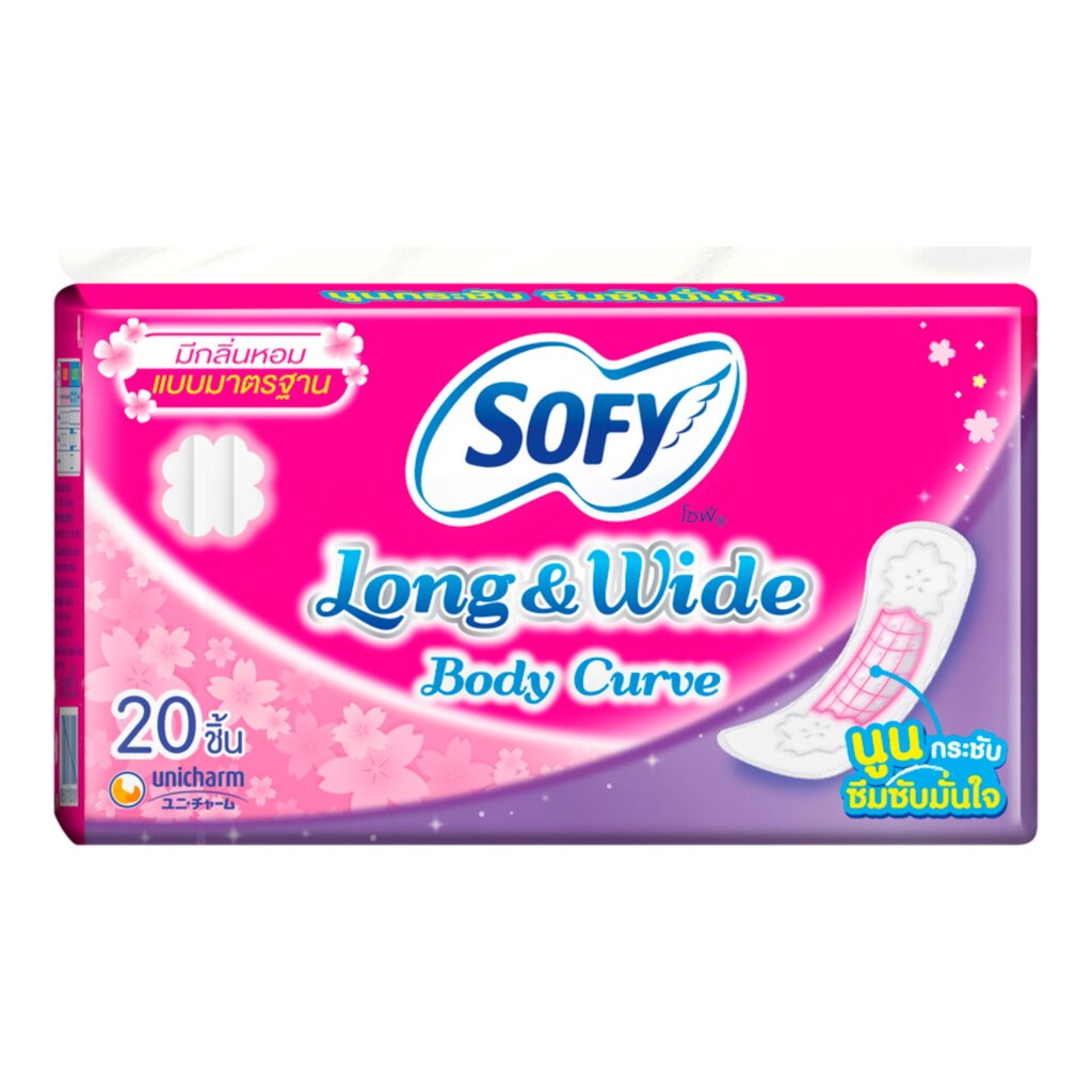 Sofy โซฟี แผ่นอนามัย ลอง แอนด์ ไวด์ บอดี้ เคิร์ฟ แบบมาตรฐาน มีกลิ่นหอม 20 ชิ้น