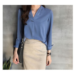 Woman working Shirt เสื้อเชิ้ตใส่ทำงานสไตล์เกาหลี แขนยาวคอวี มี4 สี เขียว/แดง/ฟ้า/ขาว