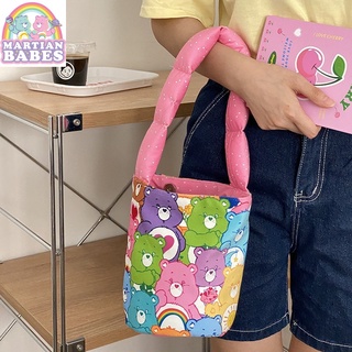 CARE BEARS กระเป๋าสะพายไหล่สายสะพายผ้าฝ้ายพิมพ์ลาย Pop กระเป๋ากลอง Bento Bag