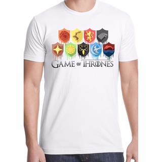 เสื้อยืดสีขาวGILDAN เสื้อยืดแขนสั้น ผ้าฝ้าย พิมพ์ลาย Game Of Thrones House Shields Stark Lanister Iron Throne Snow GS สํ