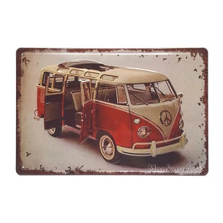 ป้ายสังกะสีวินเทจ Red Volkswagen Van (ปั๊มนูน)