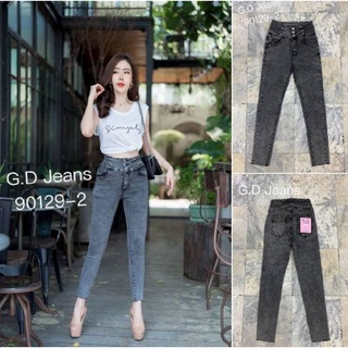 G.D.Jeans รุ่น 90129-2#กางเกงยีนส์แฟชั่นขายาวผ้ายืดฟอกสีดำเทาเอวสูงต่อหมุดข้างขอบเอวแบบเก๋ๆ