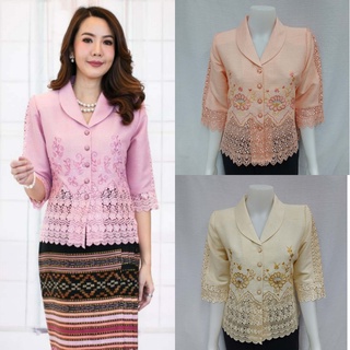 🚛ส่งฟรี☑️(มีหลายสีค่ะ) เสื้อคนแก่แขนสามสั้นปกกล้วยแต่งลูกไม้…