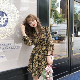 🌼Marigold vintage dress ชุดมินิเดรสแขนยาวลายดอกไม้สีเหลืองหม่น🍊