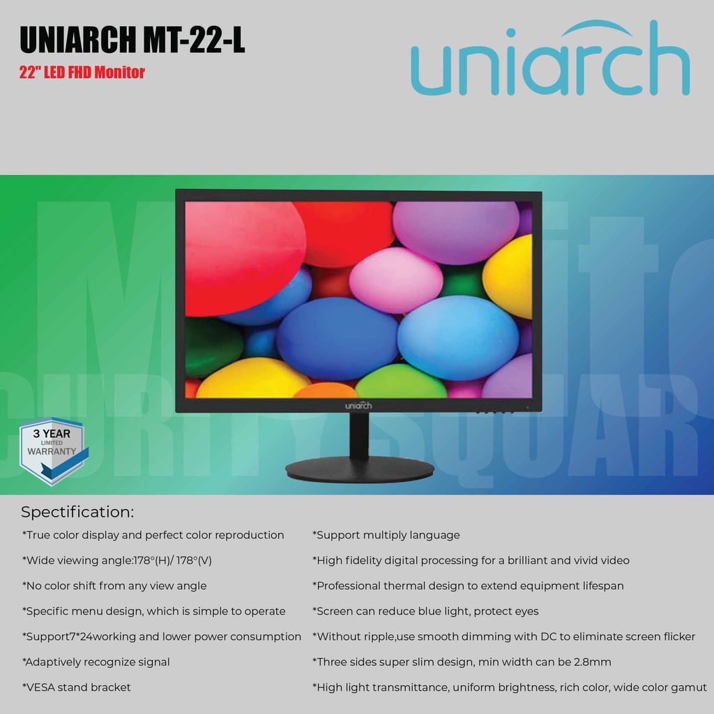 สินค้าใหม่ Uniarch MT-22-L  22″ LED Monitor 1080P Video Surveillance Monitor