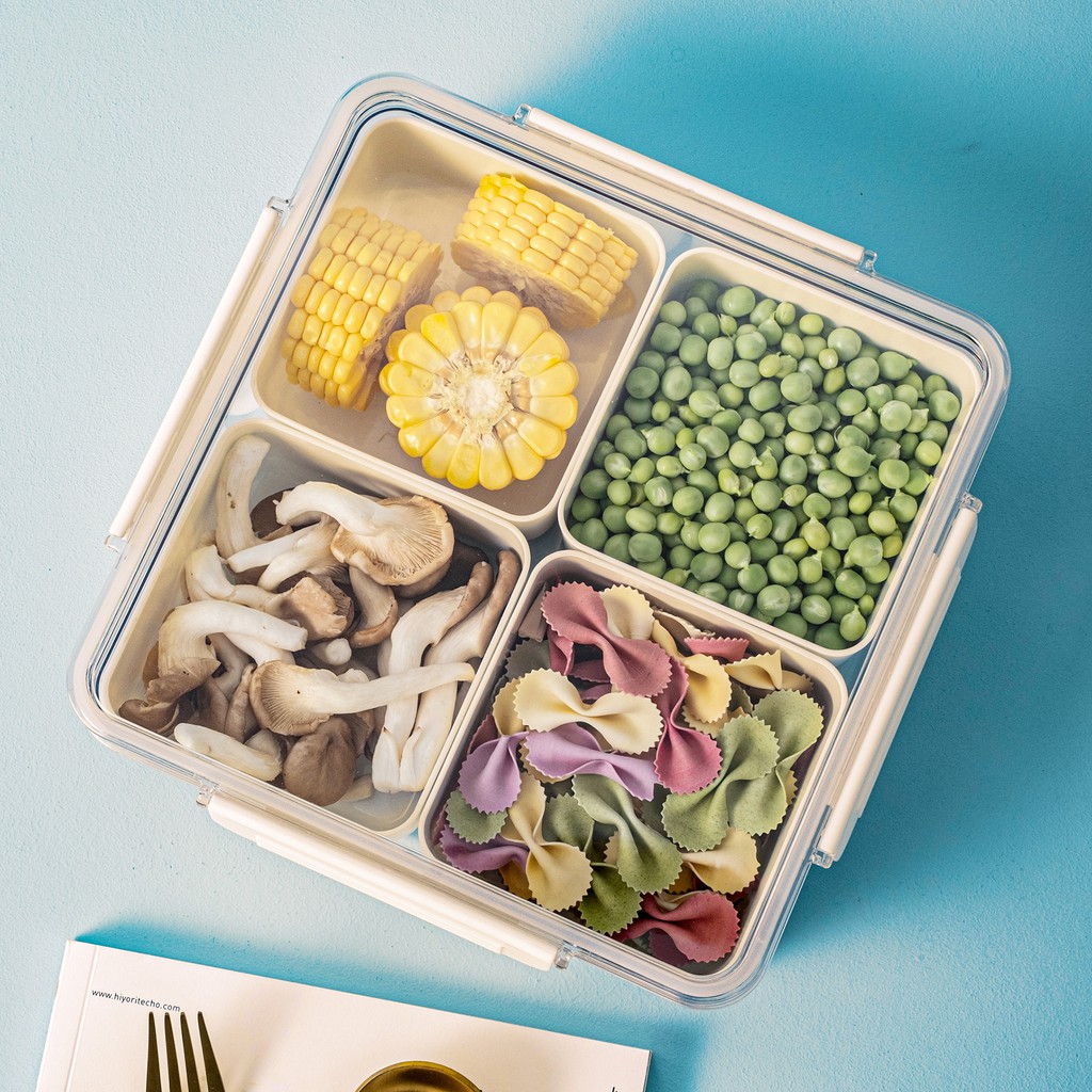 Square Plastic Divided Serving Tray with Lids, 4 Individual Dishes Food