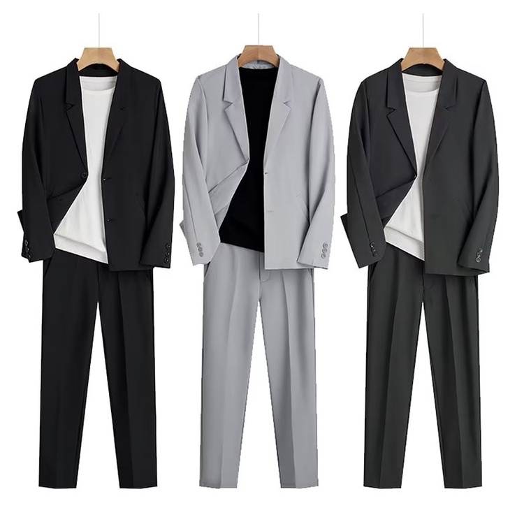 ชุดสูทผู้ชาย S-3XL ฤดูใบไม้ผลิฤดูใบไม้ร่วง Light Mature สไตล์เสื้อสูทหลวมอินเทรนด์ dk Uniform Top Yuppie หล่อ High-End กางเกง (ขนาดกางเกง 28-38)