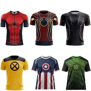 เสื้อยืด พิมพ์ลาย Superhero Spider-Man Iron Man Hulk Deadpool สําหรับผู้ชาย เพาะกาย