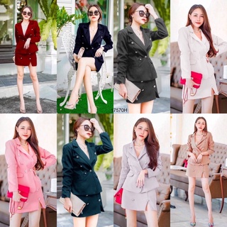 💥17570💥Set 2 ชิ้น เสื้อคลุมสูทแขนยาวกระดุม 6 เม็ด + กระโปรงสั้นชุดทำงาน