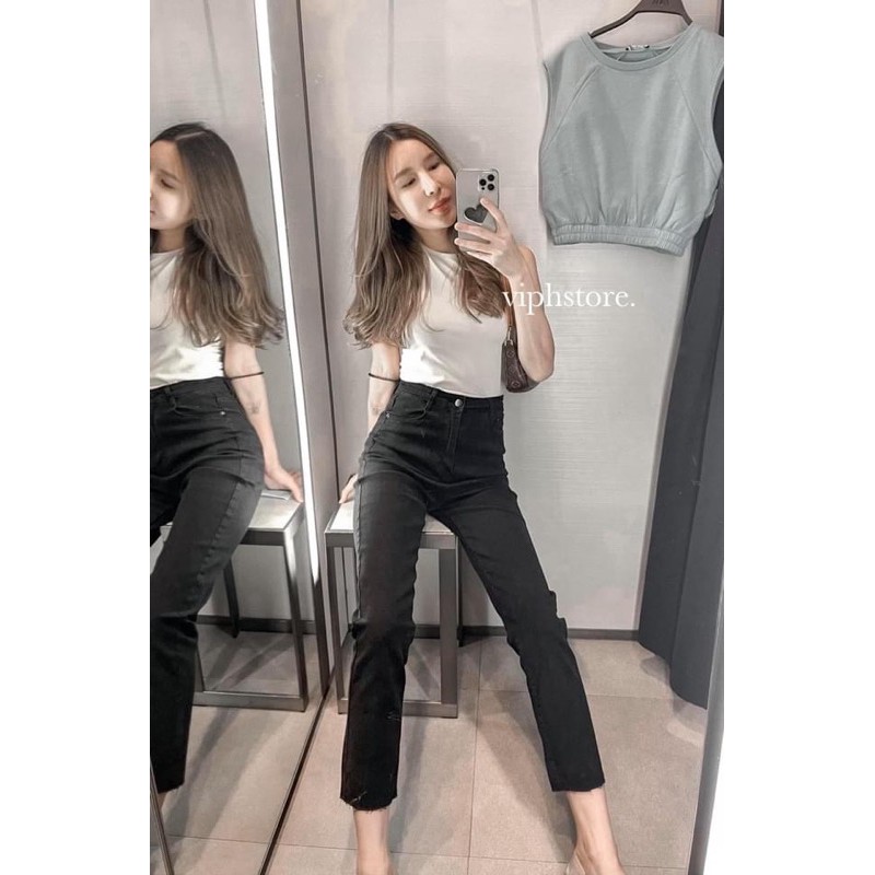 168-3 กางยีนส์ทรงบอยขาเย็บสีดำ กางเกงยีนส์เอวสูง ผ้ายืดเยอะ งานนำเข้าป้ายแท้ xoxo
