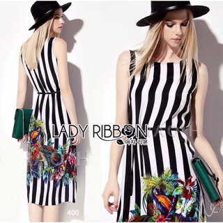 🎀 Lady Ribbons Made 🎀 Lady Amanda Tropical Printed Striped Sleeveless Midi Dress เดรสแขนกุดลายทาง