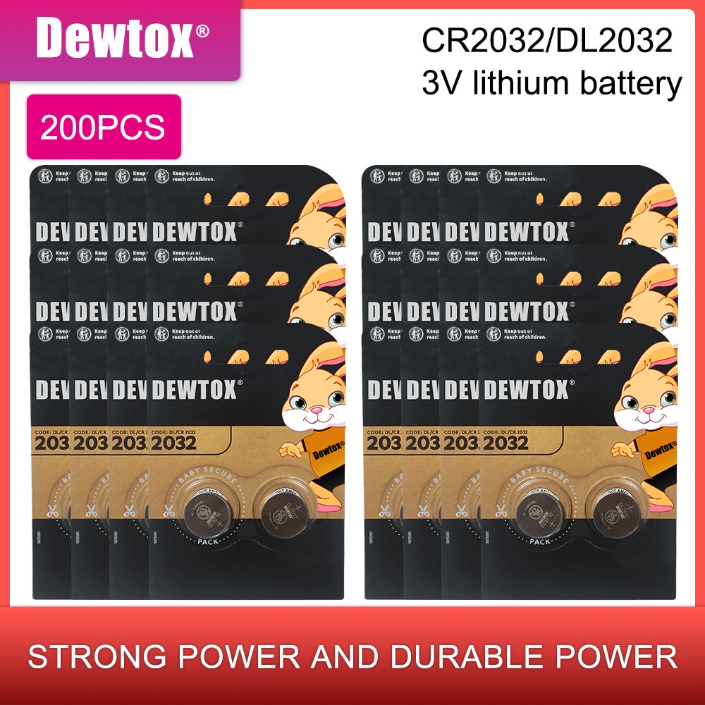 Hot 200pcs For DEWTOX CR2032 CR 2032 Lithium Li-ion 3V Button Cell Coin Battery BR2032 ECR2032 L2032