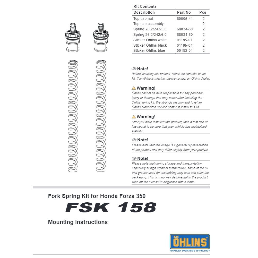 สปริงโช๊คหน้า OHLINS FSK 158 FOR HONDA FORZA350 2020+ FuriiShop