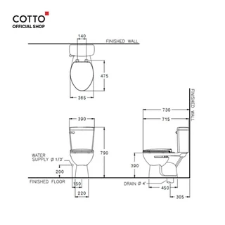 COTTO สุขภัณฑ์แบบสองชิ้น รุ่น C13444 Boom 4.5L (ปุ่มกดชำระด้านหน้า)