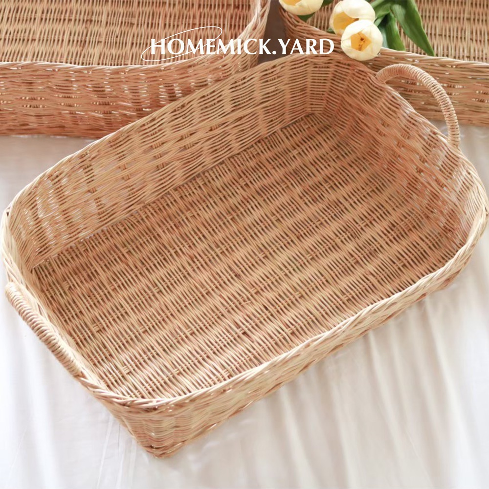 homemick.yard🤎 ตะกร้าหวายใบใหญ่ ทรงสี่เหลี่ยมผืนผ้า มี 4 ขนาด มีหูจับ ที่นอนสัตว์เลี้ยง เก็บของได้เยอะ มีทาแล็คเกอร์