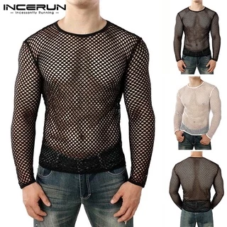 Incerun แฟชั่นเสื้อท็อปแขนยาวสลิมฟิตผ้าตาข่ายซีทรูสําหรับผู้ชาย
