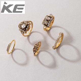 Heavy Metal Rhinestone Ring Vintage Alloy Diamond Geometric Flower Combination Ring 5-Piece Se