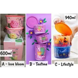 Tupperware Love Blooms กระป๋องชา ผ้าบาติก สไตล์ไลฟ์สไตล์ สัมผัสเดียว