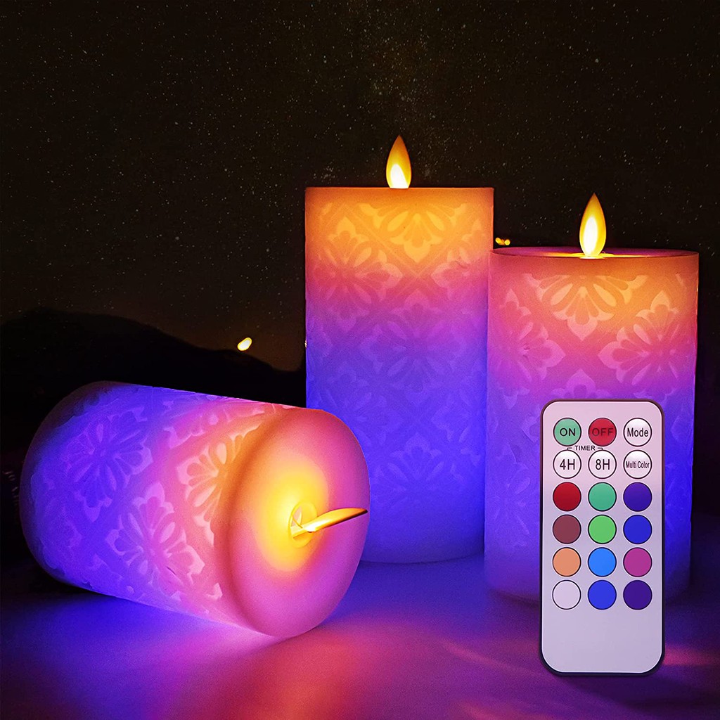 Set of 3 Realistic Flameless Candles with 18-Key Remote Control Ivory Real  Pillars Dancing LED Flames,24 Hours Timer 5Dw | Shopee Thailand