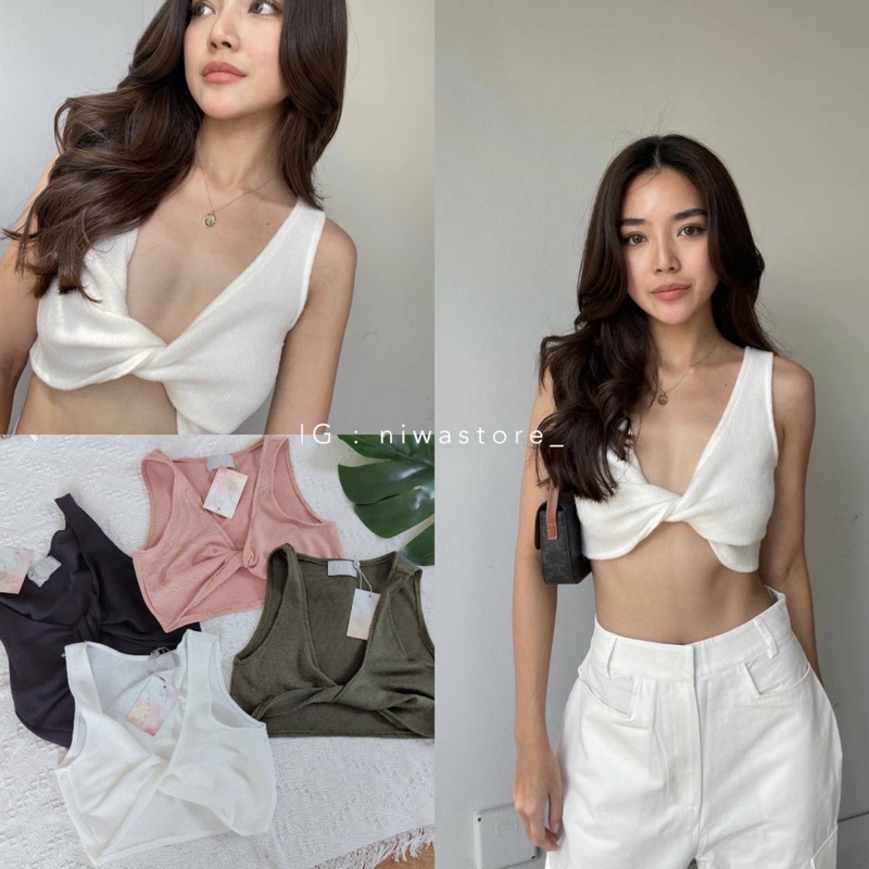 🪵Milin S Top🪵   เสื้อครอปผ้าไหมพรมบาง คอวีจับม้วนด้านหน้า สไตล์เลดี้ปราง ใส่ง่าย แมตง่าย เหมาะกับซัม