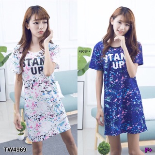 Dress สั้นสกรีน STAND UP แฟชั่นเกาหลี (4969)
