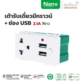 NANO เต้ารับเดี่ยว ปลั๊กฝังเดี่ยว มีกราวน์ มีม่านนิรภัย มี USB 16A 250V 3 ช่อง รุ่น NN-P603U สีขาว สีดำ มีมอก.