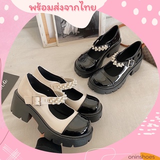 (พร้อมส่ง)รองเท้าหนังแวว👠รองเท้าแมรี่เจน, ส้นหนาสายประดับด้วยไข่มุขที่สวยงาม:รหัส156