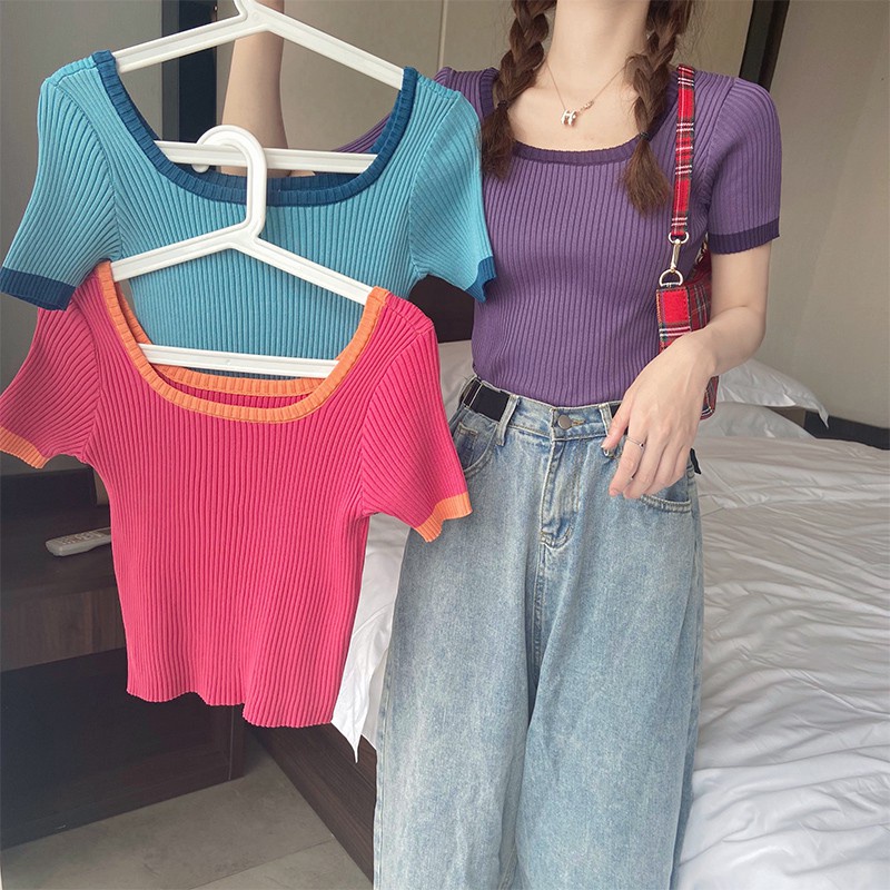 Yssier 👚เสื้อยืดผู้หญิง​แขน​สั้น​คอกว้างคอบสีแฟชั่น #r157