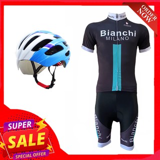 NP bike ชุดปั่นจักรยานผู้ชาย Bianchi สีดำ พร้อมDGROUPหมวกจักรยานแว่นตา