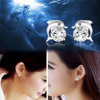 Lovely Dolphin 925 Silver sterling &amp; Crystal Earring ต่างหู