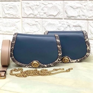 (ผ่อน%) กระเป๋าสะพายข้าง COACH SADDLE BELT BAG IN COLORBLOCK 3806 หนังแท้สีน้ำเงิน ลายงู มีสายคาดอก คาดเอว