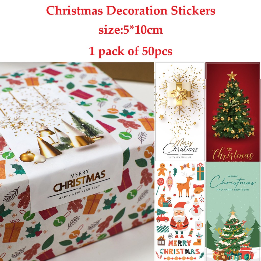 สติกเกอร์ฉลาก ลาย Merry Christmas ขนาด 5*10 ซม. สําหรับตกแต่งต้นคริสต์มาส 50 ชิ้น