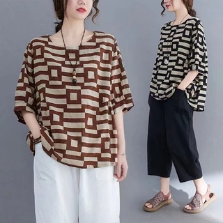 รุ่น-325เสื้อยืดแขนสั้นผ้าฝ้ายผู้หญิง ใหม่สไตล์เกาหลีหลวมขนาดใหญ่ลายสก็อตพร้อมส่ง