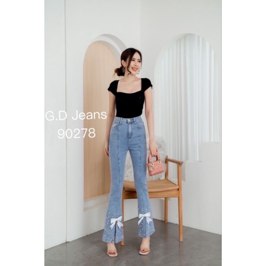 #90278 ผ้ายืด งานจริงสวยผุดๆกางเกงยีนส์ขายาว(ผ้ายืด)​ขาม้าเล็กตอกมุดปายขาพร้อมติดโบว์เก๋ๆสวยมากแม่ผ้ายืดนิ่มใส่สบาย
