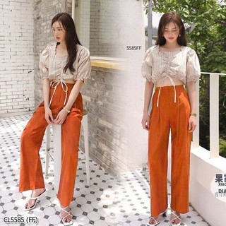 👚👖  H5585 Set 2 ชิ้น เสื้อคอเหลี่ยมลายสก็อต ผ้าทอแขนพองจั้มแขนตุ๊กตาใส่คู่กับกางเกงขายาวทรงกระบอก เนื้อผ้าซาร่า เอวยืด