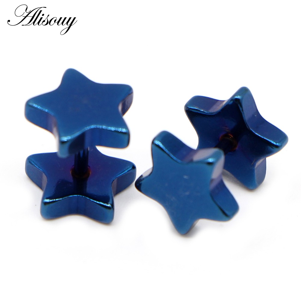 Alisouy 2 ชิ้น ใหม่ ทุกเพศ สเตนเลส บาร์เบล ต่างหูสตั๊ด คลาสสิก ห้าแฉก ดาว ต่างหูสกรู ด้านหลัง เจาะร่างกาย เครื่องประดับ