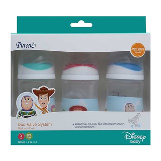 Pureen ขวดนมเพียวรีน Toy story - PP คอแคบ 4oz พร้อมจุก Anti-Colic ไซร์ S (แพ็ค 3 ขวด)