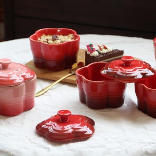 French cool color new product gradient color stoneware plum blossom shape pink red cover bowl/small baking bowl/steam bo