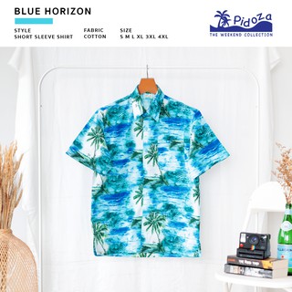 [ใหม่] เสื้อเชิ้ตแขนสั้น ลาย Blue Horizon 🏄🏽‍♂️ ผ้าคอตตอน สี Haweii Blue