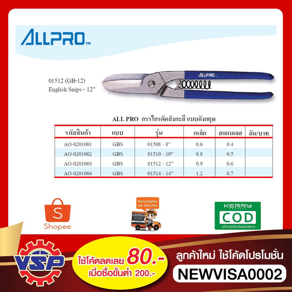 ALLPRO กรรไกรตัดสังกะสี กรรไกรตัดสังกะสีทรงอังกฤษ ขนาด 8'' - 12'' ของแท้100%