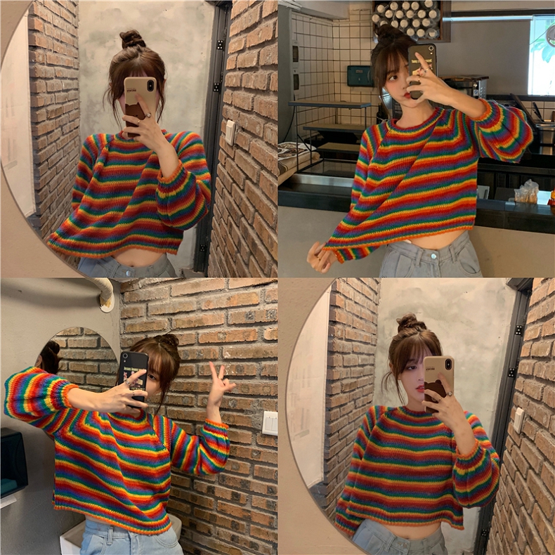 Hot sale/ เสื้อแขนยาวไหมพรมถักสีรุ้ง ใส่น่ารักฝุดๆ สไตล์เกาหลีผ้านิ่มสุดๆ ใส่สบาย