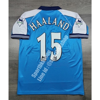 [Retro] - เสื้อฟุตยอล ย้อนยุค Man City Home แมนซิตี้ เหย้า 1999/2001 พร้อมเบอร์ชื่อ 15 HAALAND และอาร์มพรีเมียร์ลีค