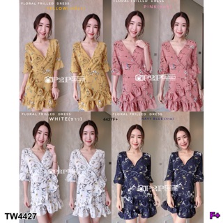 TwinsShopVip💗พร้อมส่ง TW4427 เดรสป้ายสั้นระบายลายดอกเดรสซี่